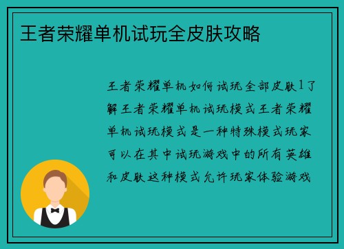 王者荣耀单机试玩全皮肤攻略