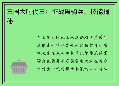 三国大时代三：征战黑骑兵，技能揭秘