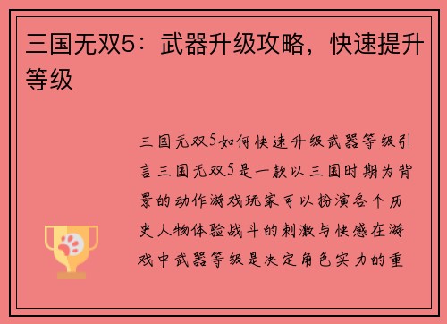 三国无双5：武器升级攻略，快速提升等级