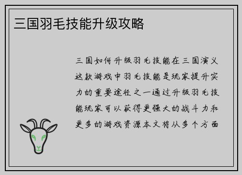 三国羽毛技能升级攻略